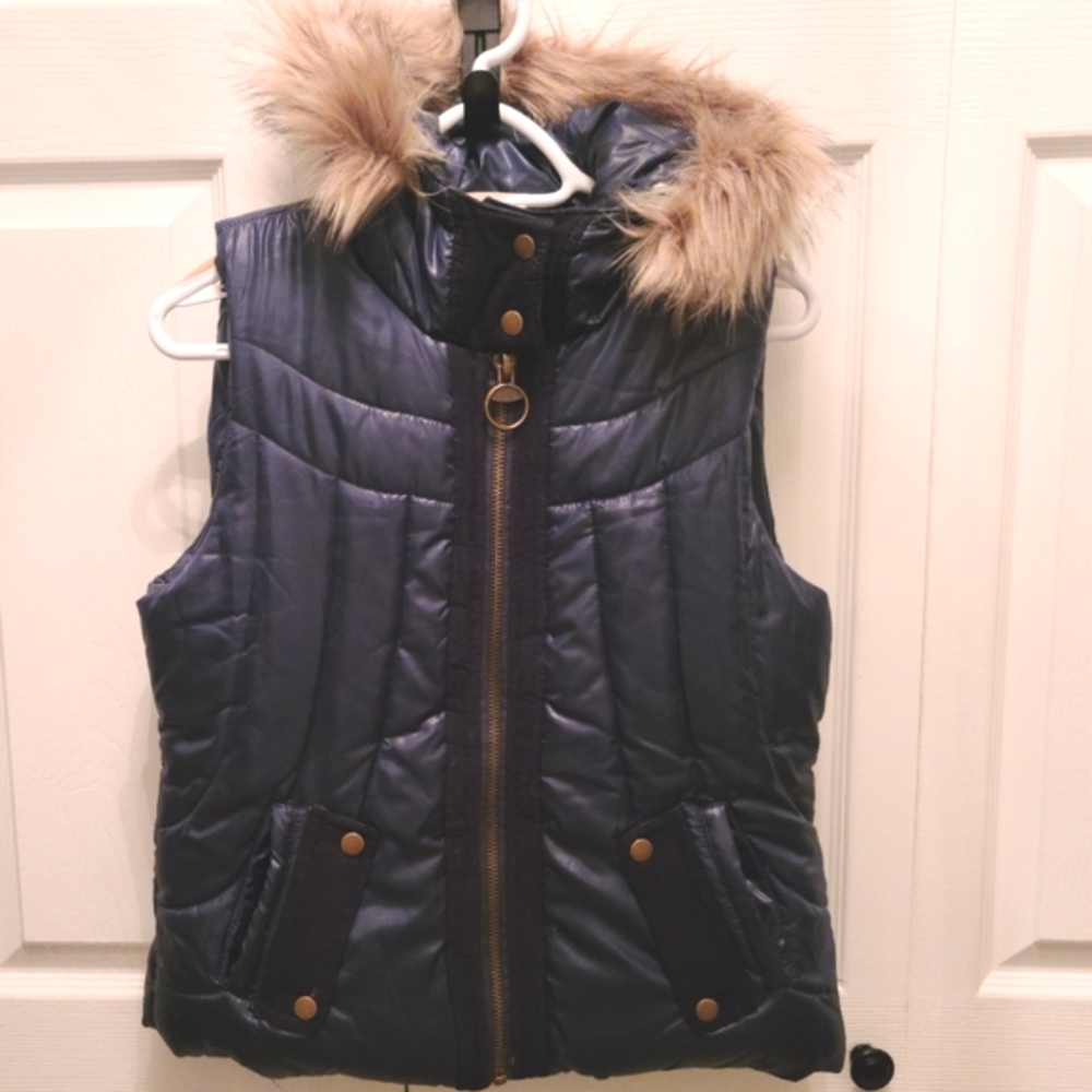 ☆NEW☆ Oxmo Navy Puffer Vest w/ Faux Fur Trimmed Hood